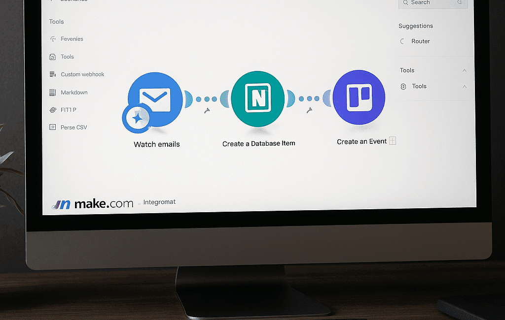 Visual representation of Make.com automating calendar, email, and task workflows.