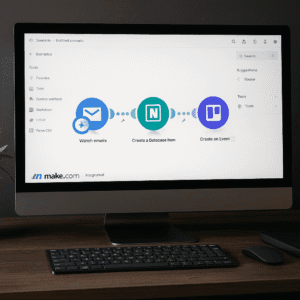 A realistic photo of a computer displaying an automation dashboard, showing Make.com used to connect apps and reduce admin work.