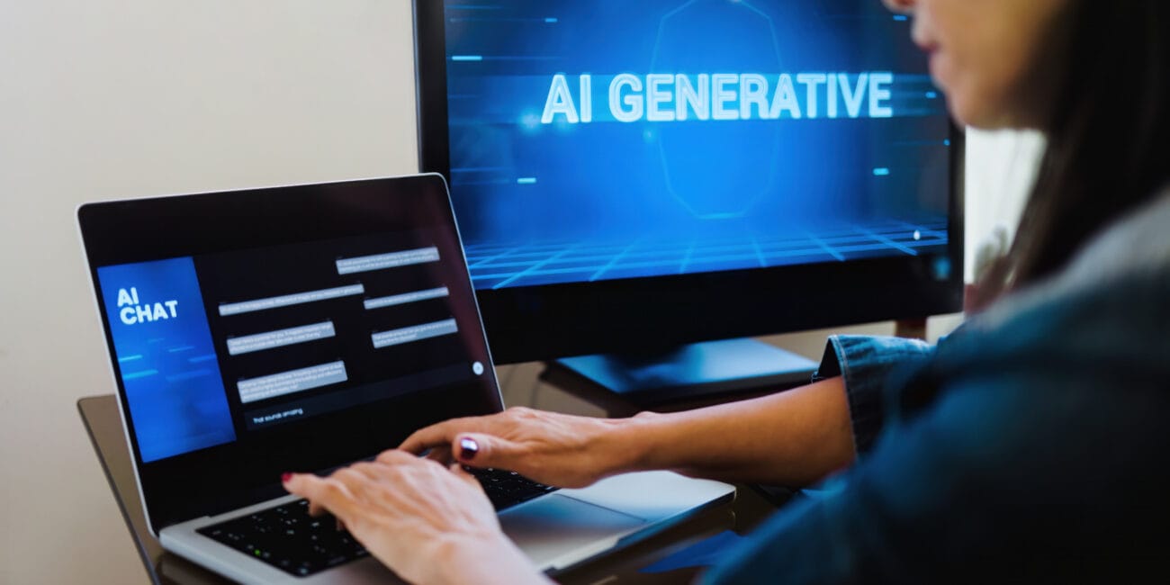 AI generative app. Woman chatting with Artificial Intelligence software in computer laptop. Technology trends