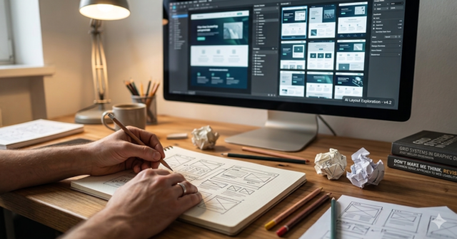 Close-up of a web designer's hands sketching website wireframes on paper, with classic design books and a computer monitor displaying digital layouts in the background, representing the balance of human craft and AI tools.