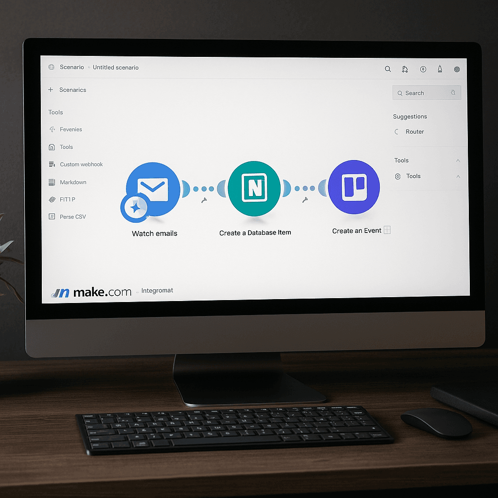 A realistic photo of a computer displaying an automation dashboard, showing Make.com used to connect apps and reduce admin work.